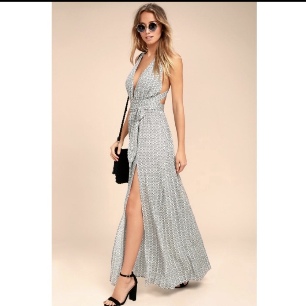 Lulu's Light Blue Printed Halter Maxi Dress